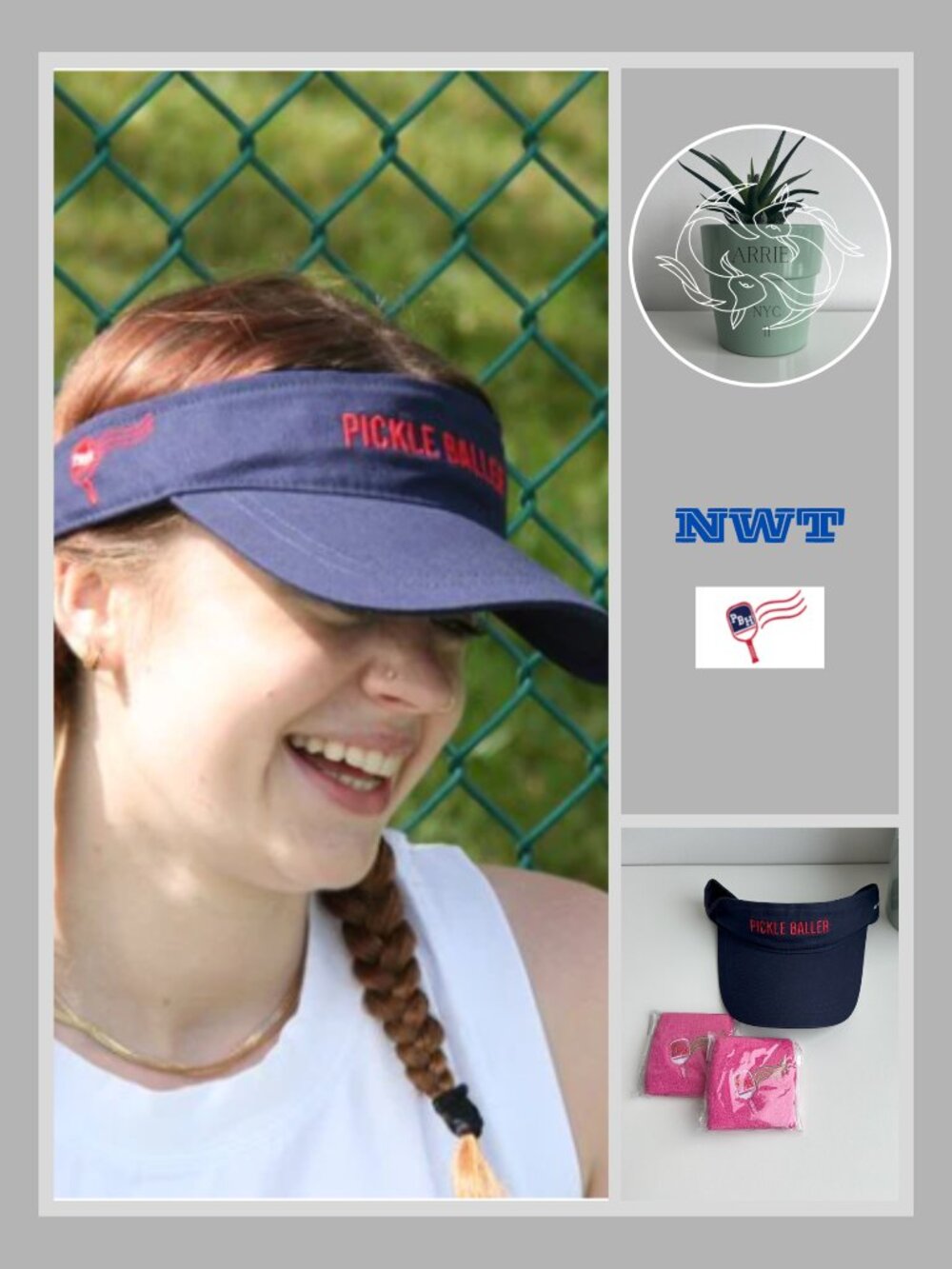 Pickleball Highlife - Woman's Navy Pickle Baller Visor and Pink Wrist Sweat Band